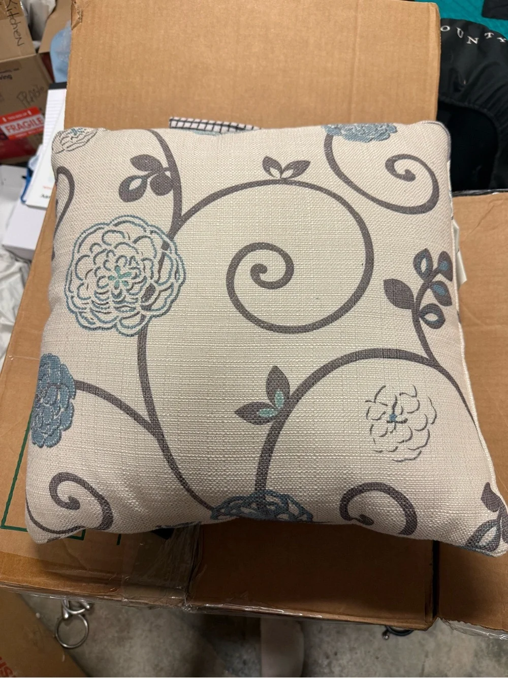 Decorative Floral Swirl Pillow in Cream and Blue Set of TWO